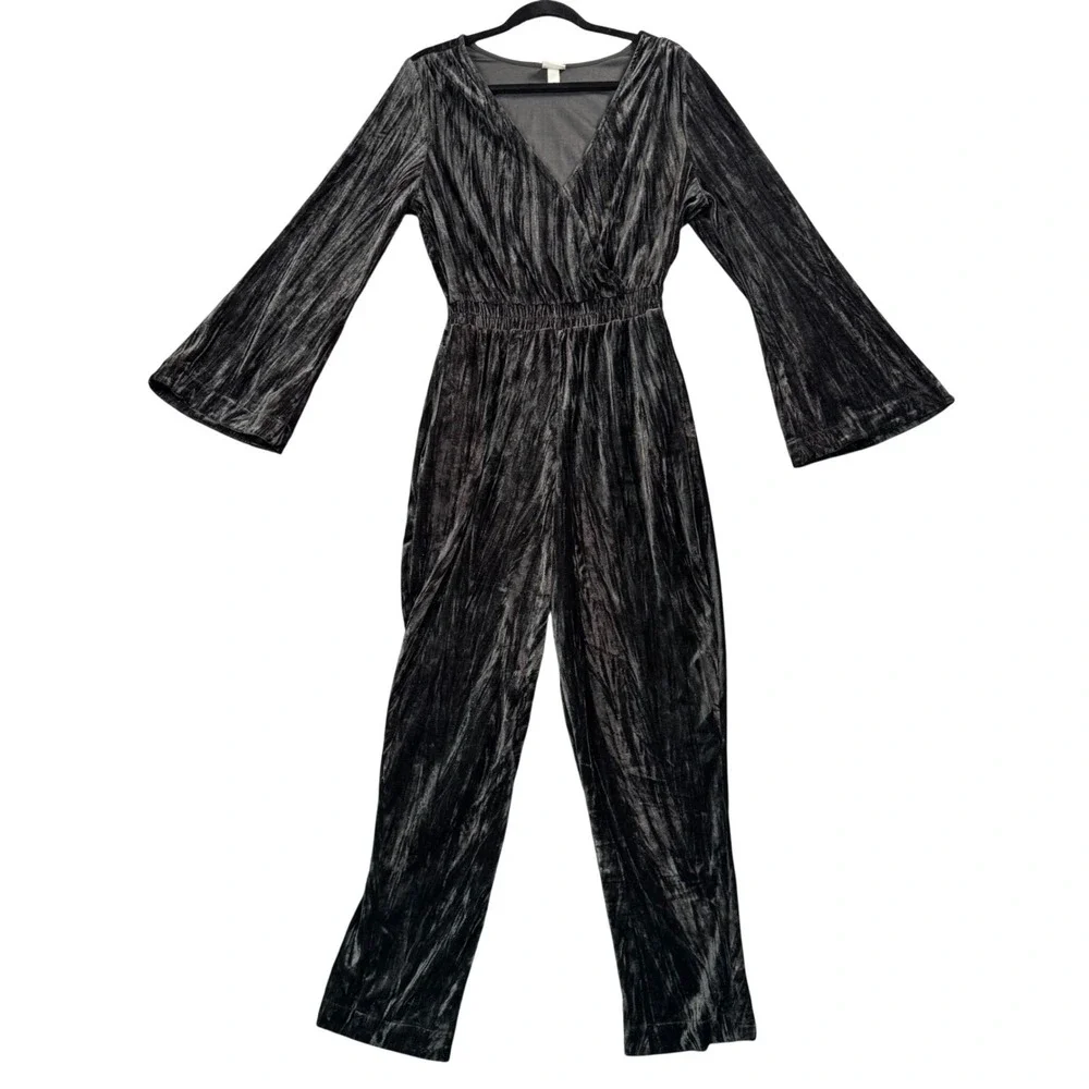Womens‎ Black Crushed Velvet Bell Sleeve Jumpsuit Y2K Mod Retro Size M